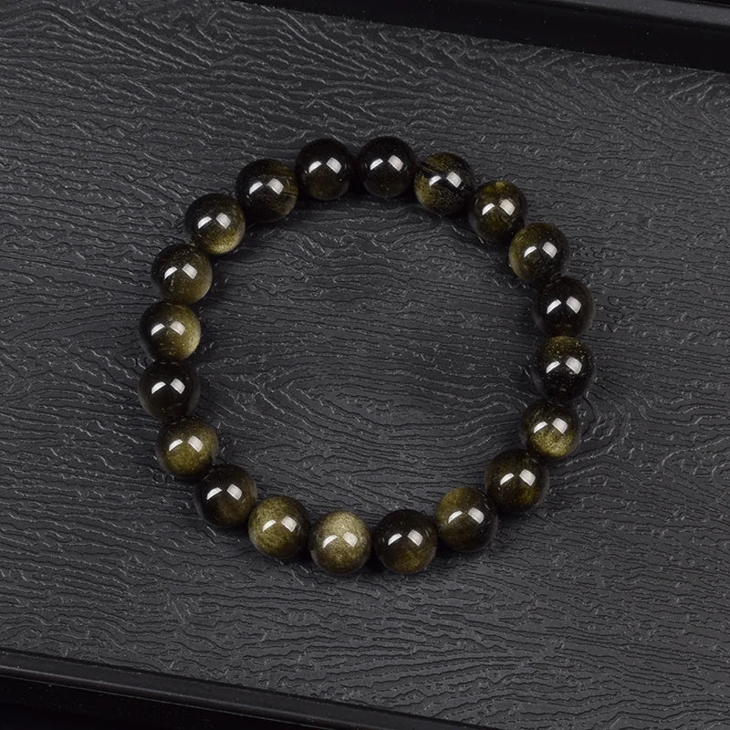 Natural Golden Obsidian Stone Beads Bracelet Men Women Golden Light Rainbow Obsidian Raw Stone Round Bead Natural Energy Jewe