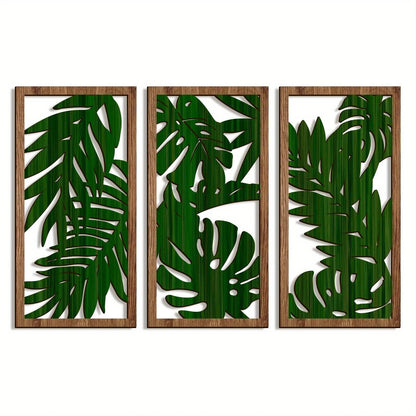 3pcs Boho style Hollow Wood Retro Rustic Leaf Pattern Wall Hanging Art Living Room Bedroom Wall Hanging Home Decoration - 3