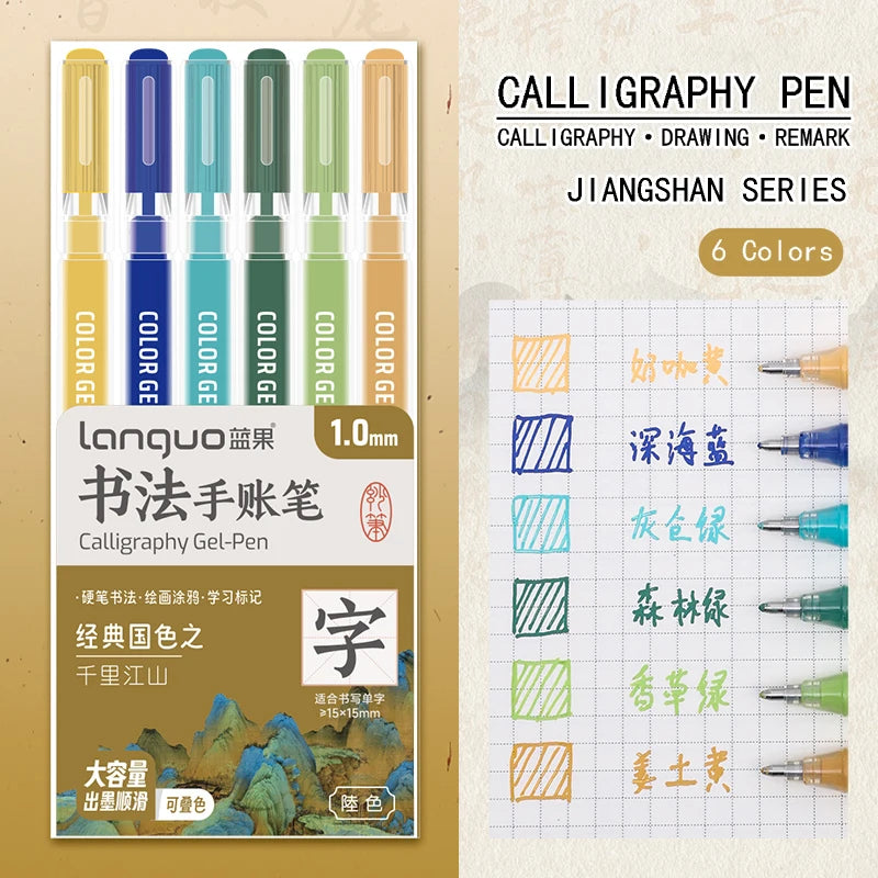 6 Pcs/Set Large Capacity Calligraphy Gel Pen 1.0mm Hard Tip Pens for Journaling Drawing Practice Planner Writing Stationery -