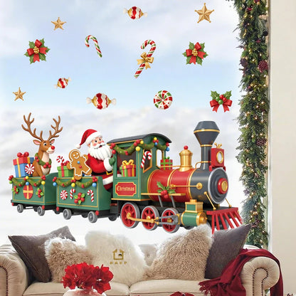 Whimsical Santa Train Christmas Wall Stickers With Candy Holly Removable Self-Adhesive For Kids Room Restaurant Shop Decor
