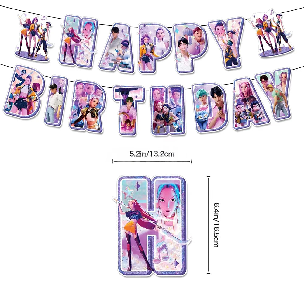 K-Pop Theme Disposable Tableware Set for Kids Birthday Baby Shower Party - Paper Plates Cups And Tablecloth with Birthday Ban