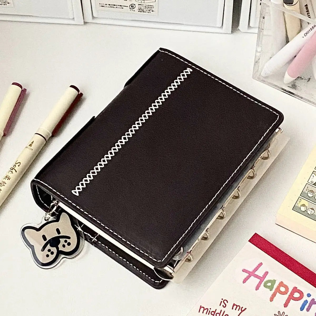2 Binders A7 Notebook Detachable Loose-Leaf Dark Brown Notepad Portable Faux Leather Schedule Planner, With 80 Pages
