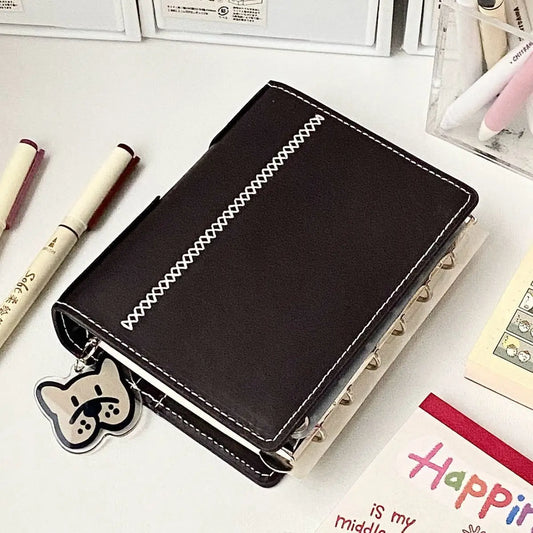 2 Binders A7 Notebook Detachable Loose-Leaf Dark Brown Notepad Portable Faux Leather Schedule Planner, With 80 Pages