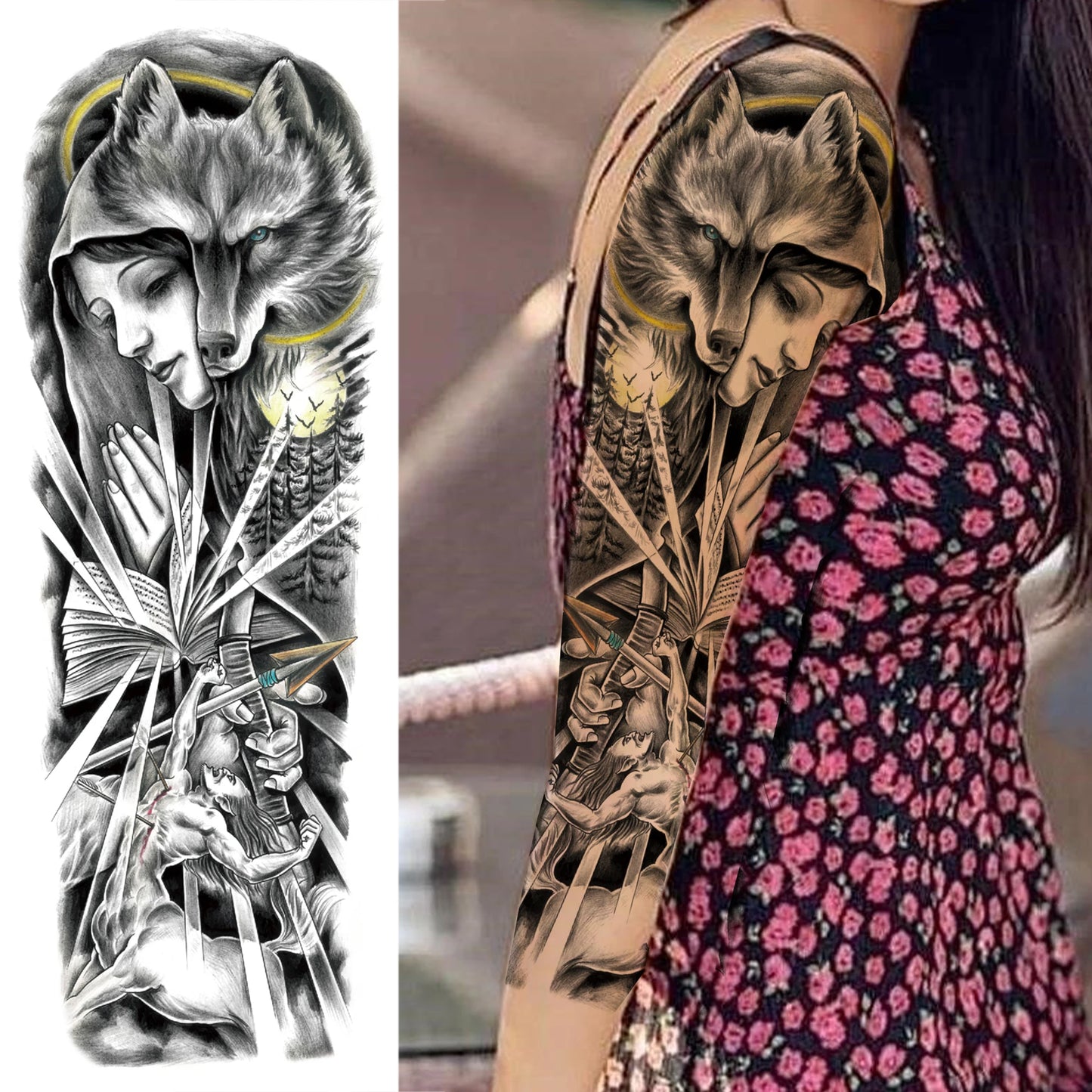 1 Sheets Wolf Lion Tiger Maori Temporary Tattoos For Men Women Adults Full Sleeve Arm Flower Rose Skull Tattoo Sticker Decor 