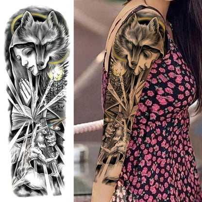 1 Sheets Wolf Lion Tiger Maori Temporary Tattoos For Men Women Adults Full Sleeve Arm Flower Rose Skull Tattoo Sticker Decor 