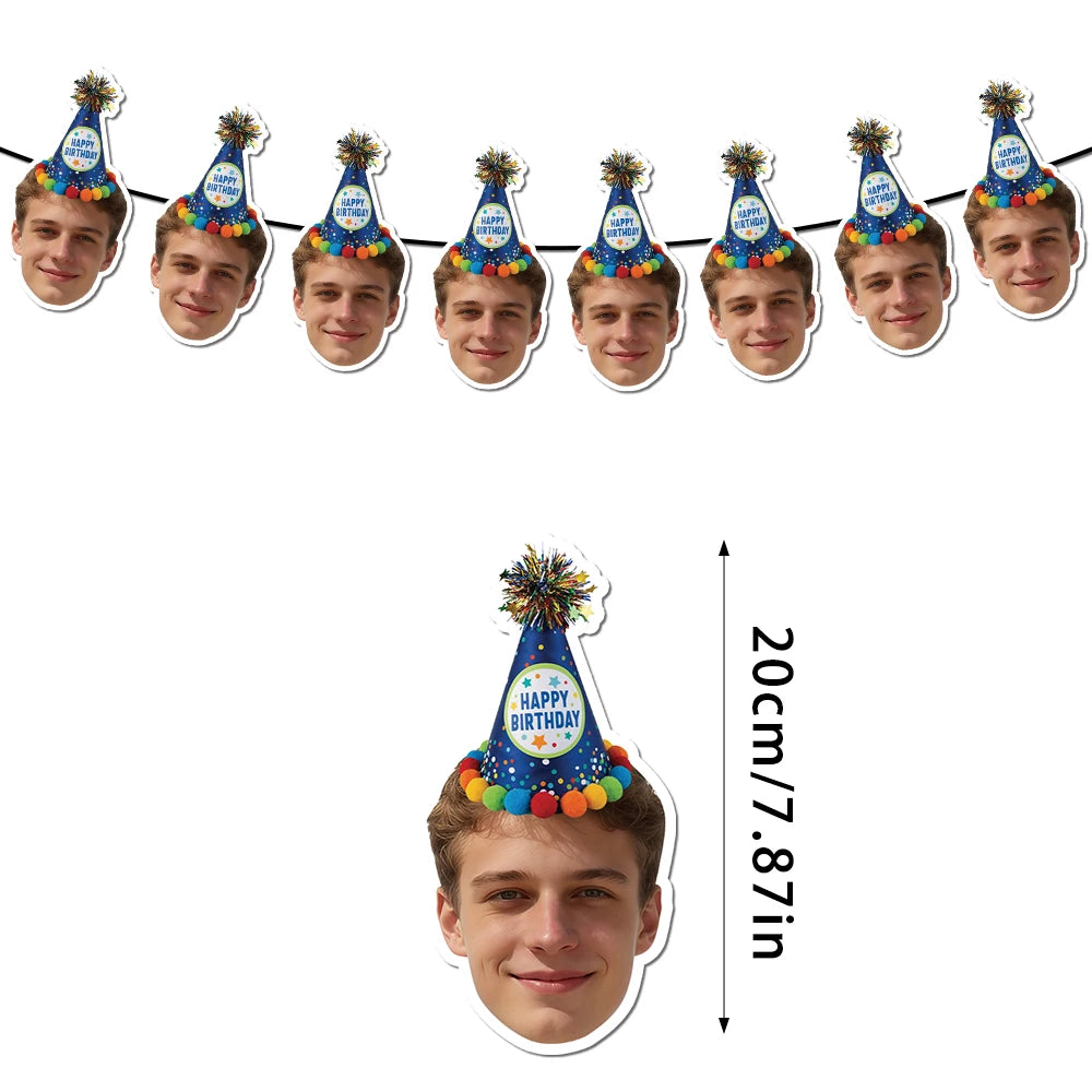 Custom Birthday Photo Banner Personalized Birthday Hat Pattern Bunting Banner for Happy Birthday Party Favors Birthday Banner