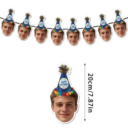 Custom Birthday Photo Banner Personalized Birthday Hat Pattern Bunting Banner for Happy Birthday Party Favors Birthday Banner