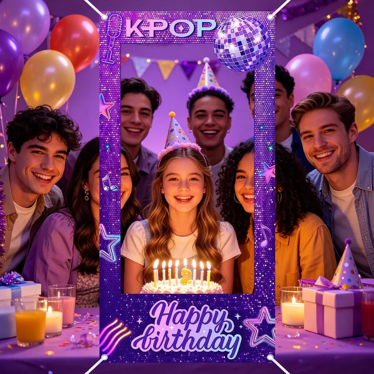 1pc Purple K-POP Photo Frame Backdrop Happy Birthday Pattern Polyester Photo Booth Props for K-POP Theme Birthday Party Suppl