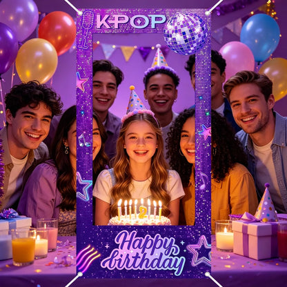 1pc Purple K-POP Photo Frame Backdrop Happy Birthday Pattern Polyester Photo Booth Props for K-POP Theme Birthday Party Suppl