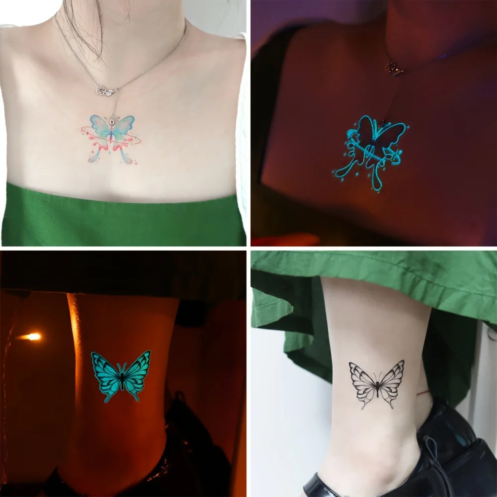 12 Sheets Butterfly Luminous Temporary Tattoo Blue Glow In the Dark Tattoo Sticker For Women Hands Face Tattoo Music Party De