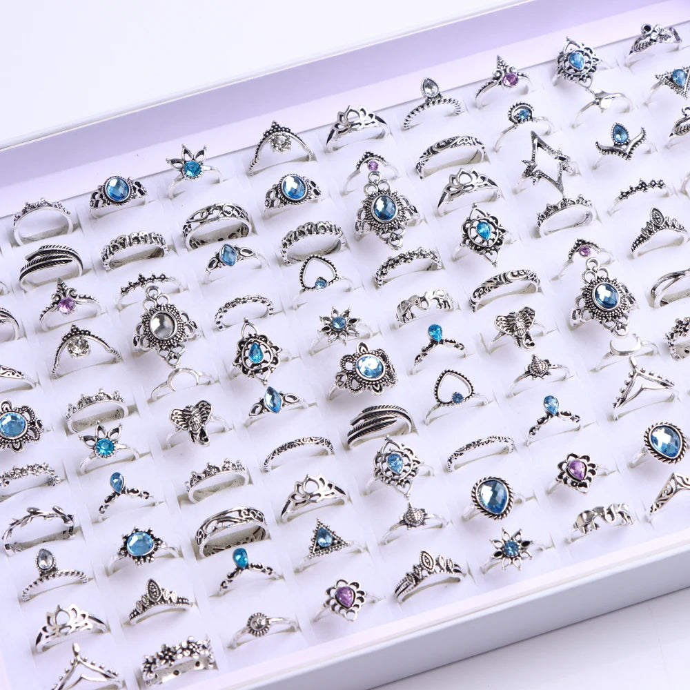 20/30Pcs/Lot Vintage Boho Glass Turquoise Rings Fashion Women Vacation Style Daily Festival Jewelry Party Decoration Gifts