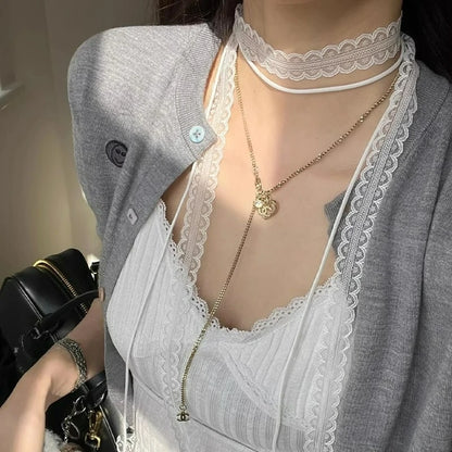 Black White Lace Necklace Versatile Long Ribbon Layered Clavicle Chain Choker for Woman Girls Daily Wear Neck Decoration Jewe