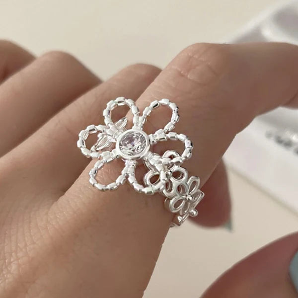 VENTFILLE 925 Sterling Silve Flower Ring for Women Gift Hollow Out Design Retro Hip Hop Versatile Jewelry Party Gift - FFMM02