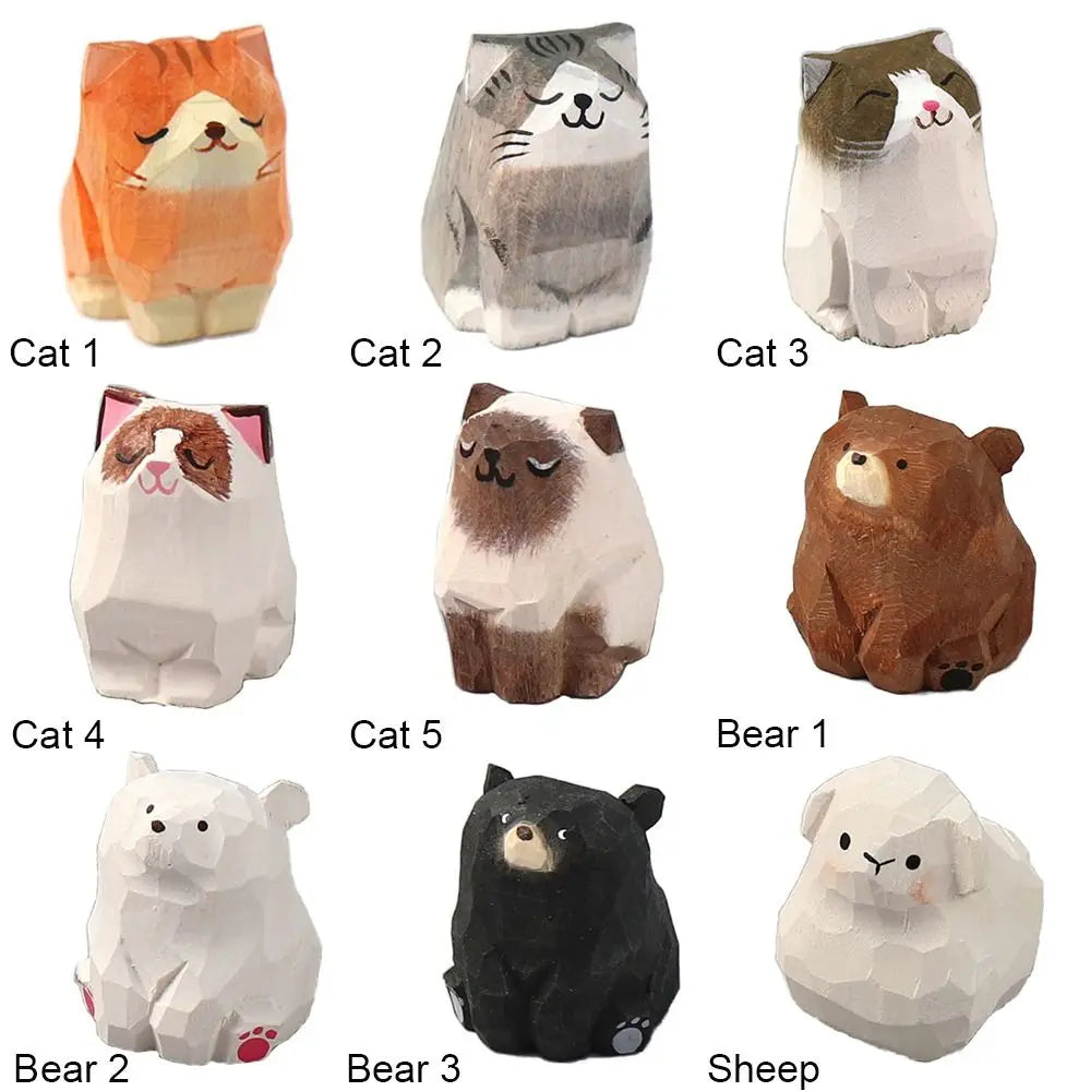 Creative Cartoon Animal Wood Bear Figurine Wooden Carved Desktop Knick-knack Sculpture Kids Toy Carving Cat Statue