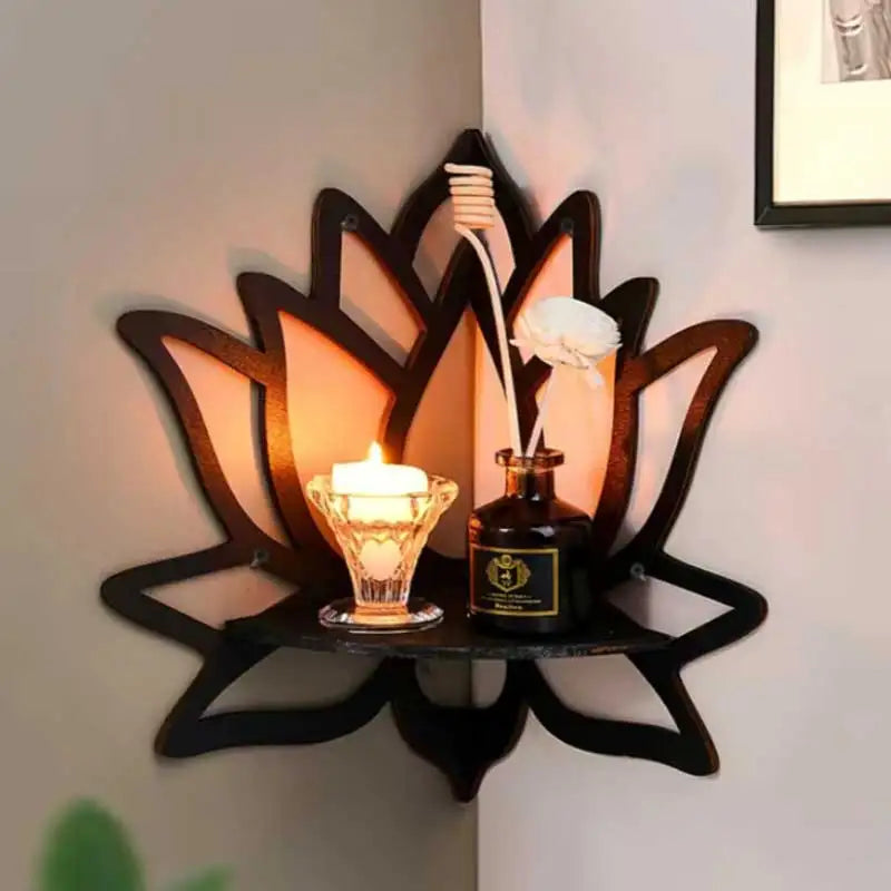Wooden Lotus Hollow Decorative Rack Aromatherapy Organiser Essential Oil Candle Holder Wall Mounted Shelf Corner Shelf - blac