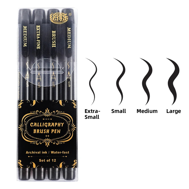 4 Pcs Black Hand Lettering Calligraphy Pen Set Drawing Writing Learning Fine Brush Markers Art Supplies Manga Pen - 4 black p
