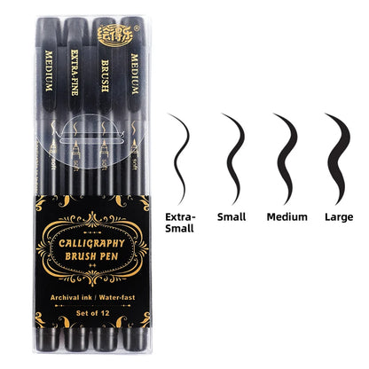 4 Pcs Black Hand Lettering Calligraphy Pen Set Drawing Writing Learning Fine Brush Markers Art Supplies Manga Pen - 4 black p