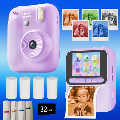 Color Printing Camera Kids Instant Camera 32GB 1080P Thermal Print Digital Camera Print Photo Video Games Music Children Gift