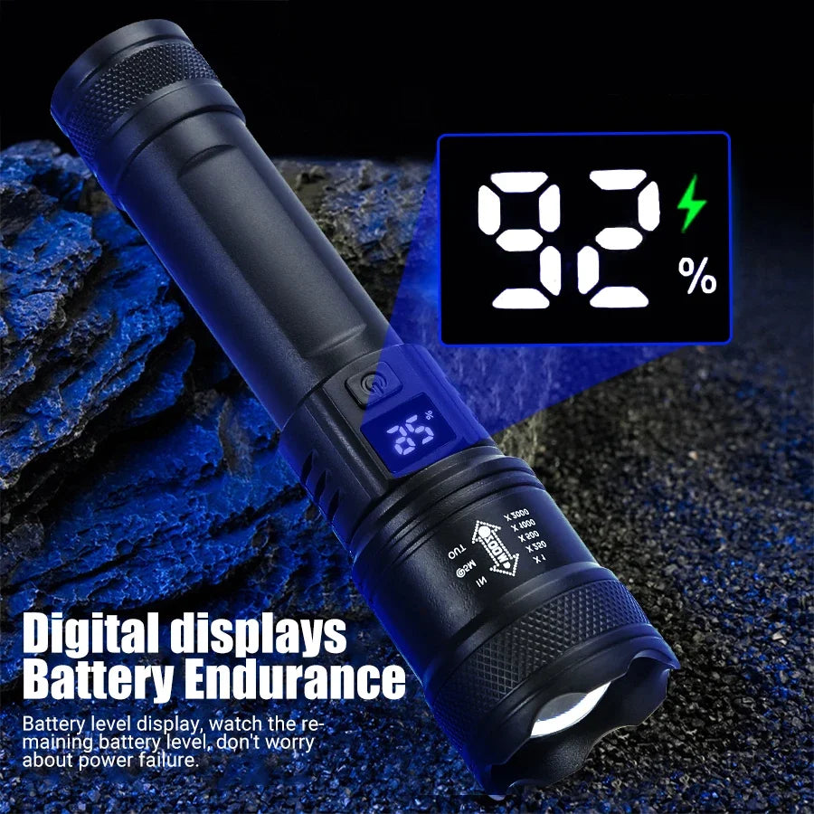 High Strong Power Led Flashlights 2000LM Tactical Torch with Display Light USB Charging Camping Fishing Emergency Zoom Lanter
