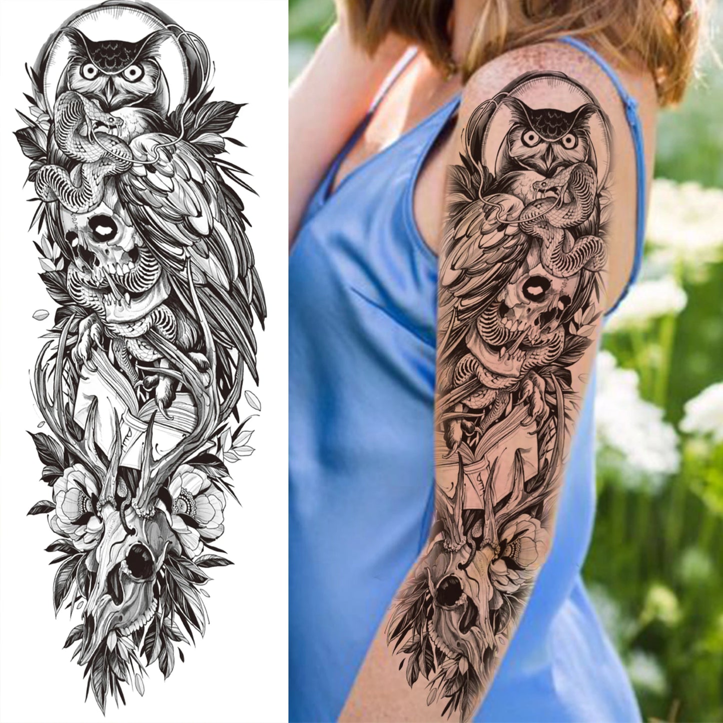 1 Sheets Wolf Lion Tiger Maori Temporary Tattoos For Men Women Adults Full Sleeve Arm Flower Rose Skull Tattoo Sticker Decor 