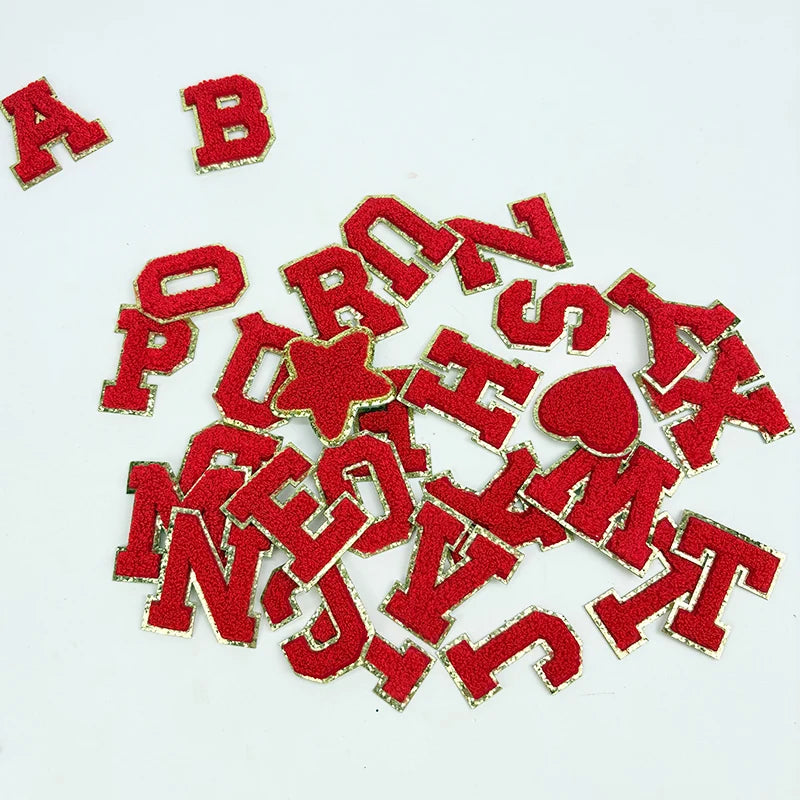 Red Letters Sticker Patch Alphabet Towel Embroidered Chenille Patches for Clothing Bags Jacket Stick on Accessories Applique
