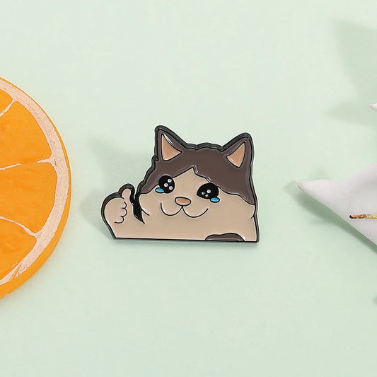 Thumb Up Crying Cat Enamel Pin Kawaii Humorous Animal Brooch Lapel Backpack Badge Funny Jewelry Gifts For Cat Lovers Friends