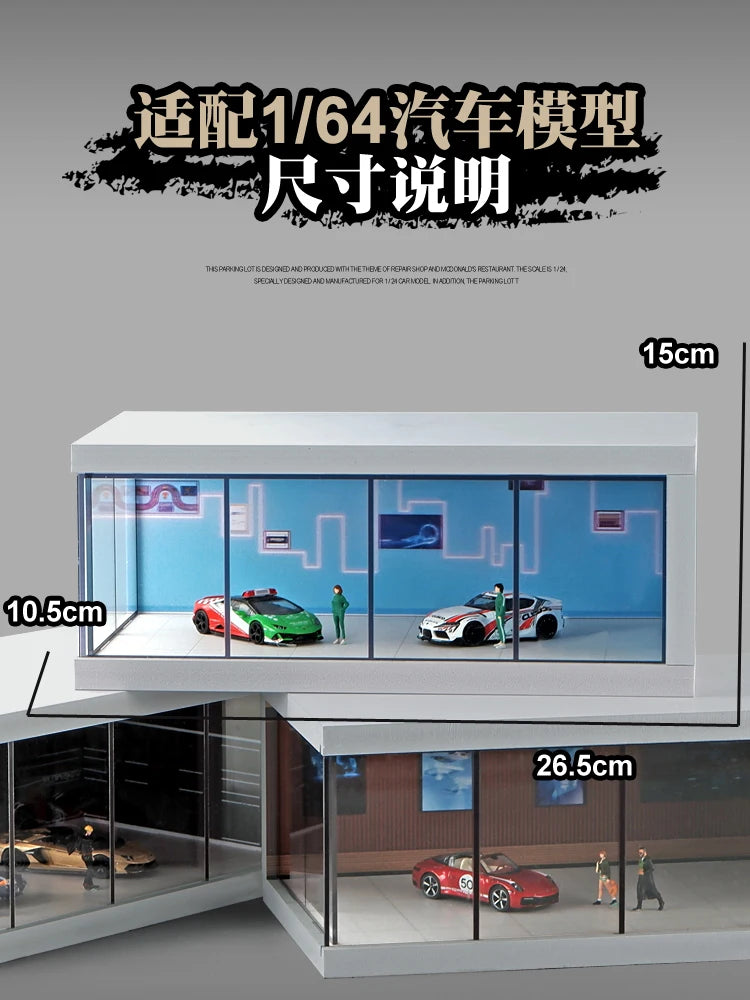 1/64 Car Showroom Dioramas Miniature Scene Layout Transparent Parking Lot Dust Cover Storage Boxes Display Case for Car Model
