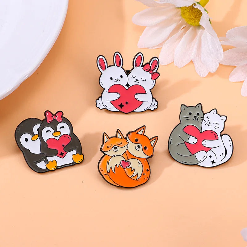 4PCS Cartoon Animal Heart Lovers Enamel Pin Creative Penguin Cat Rabbit Fox Metal Brooch Badge Backpack Clothing Hat Accessor