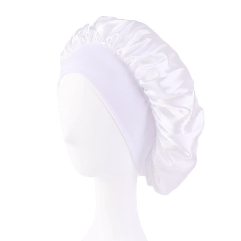 Women's Satin Solid Bonnets Wide-brimmed Night Sleeping Bathing Hat Unisex Head Wrap Elastic Band Cap Hair Care Bonnet - WHIT