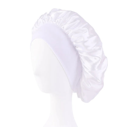 Women's Satin Solid Bonnets Wide-brimmed Night Sleeping Bathing Hat Unisex Head Wrap Elastic Band Cap Hair Care Bonnet - WHIT