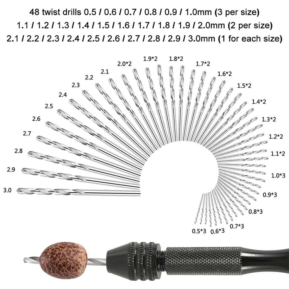 49pcs 0.2-3.4mm Hand Drill Set Mini Aluminum Hand Drill Bit Jewelry Craft Hand Manual Drill Woodworking Tools Drill Bit