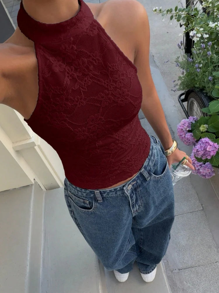 Women's Sexy White Lace High Neck Halter Back Button Backless Slim Fit Crop Top Casual Daily Vacation Summer 2026