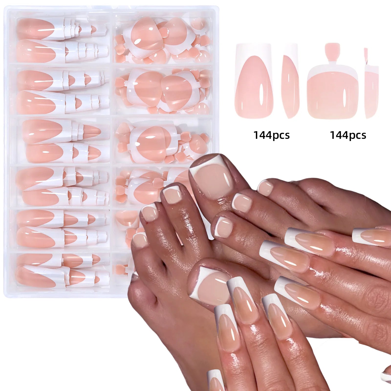 144pcs French hand and foot wear nail set summer short square shiny false toenail acrylic full coverage suitable for nail sal