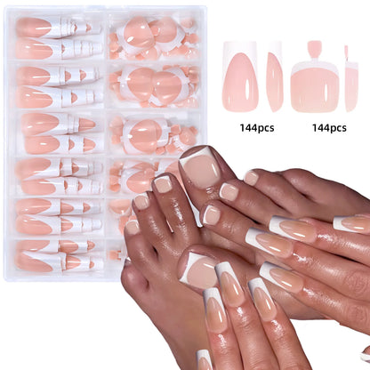 144pcs French hand and foot wear nail set summer short square shiny false toenail acrylic full coverage suitable for nail sal
