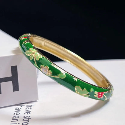 Enamel Chinese Cloisonne Bracelet Double Bangle Traditional Peony Filigree Flower Bangle Ethnic Vintage Women's Hand Bracelet