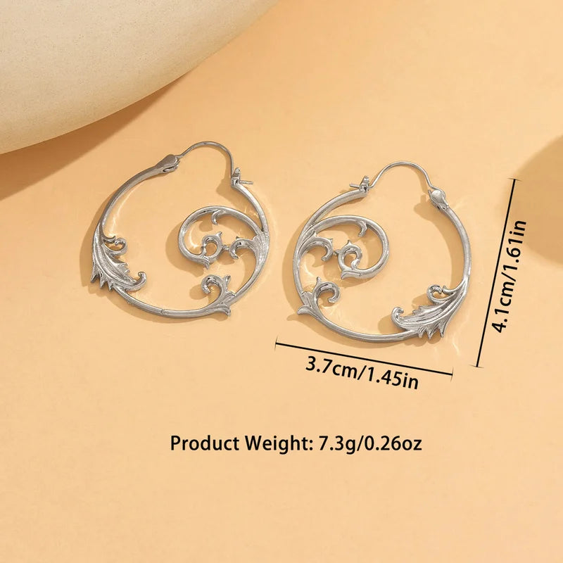 Vintage Silver Minimalist Style Metal Carved Pattern Earrings Ethnic Geometric Spiral Pendant women's Jewelry