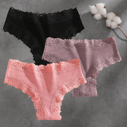 3Pcs Cotton Lace Patchwork Bikini Panties Women Seamless Floral Print Brazilian Pants Low Waist Breathable Female Sexy Linger