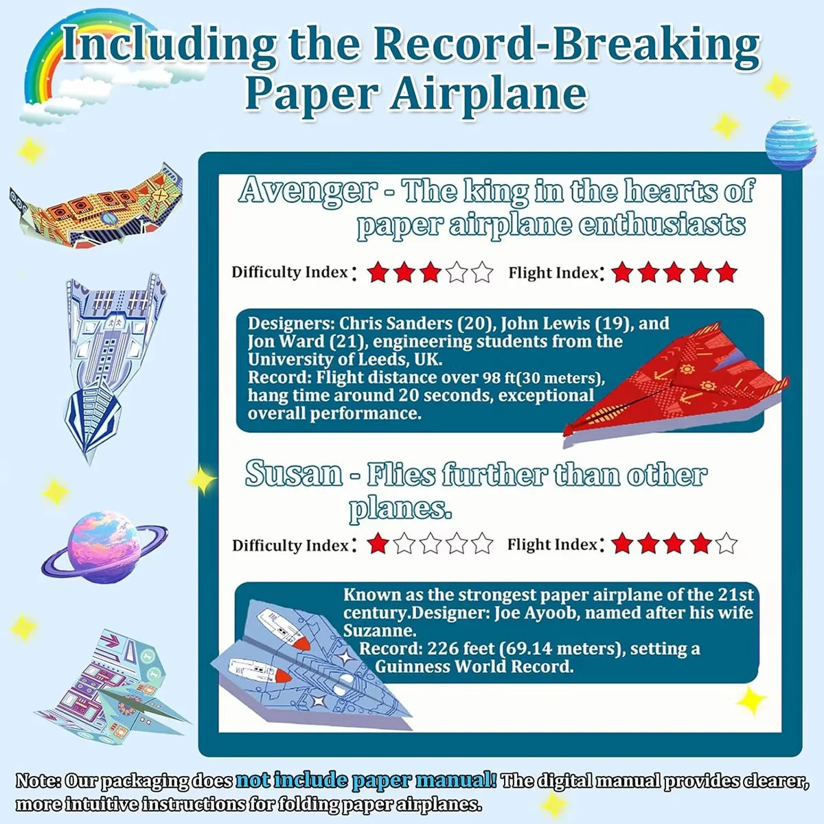 Origami Paper Airplane Kit 12/32 Sheets 16 Classic World Record Plane Designs Easy to Fold Creative Craft Activity for School