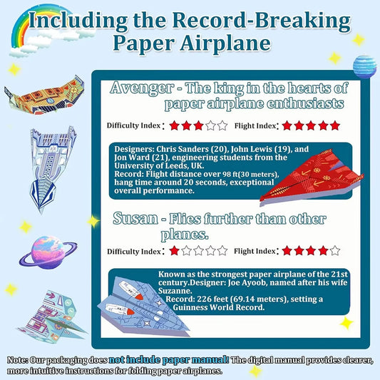 Origami Paper Airplane Kit 12/32 Sheets 16 Classic World Record Plane Designs Easy to Fold Creative Craft Activity for School