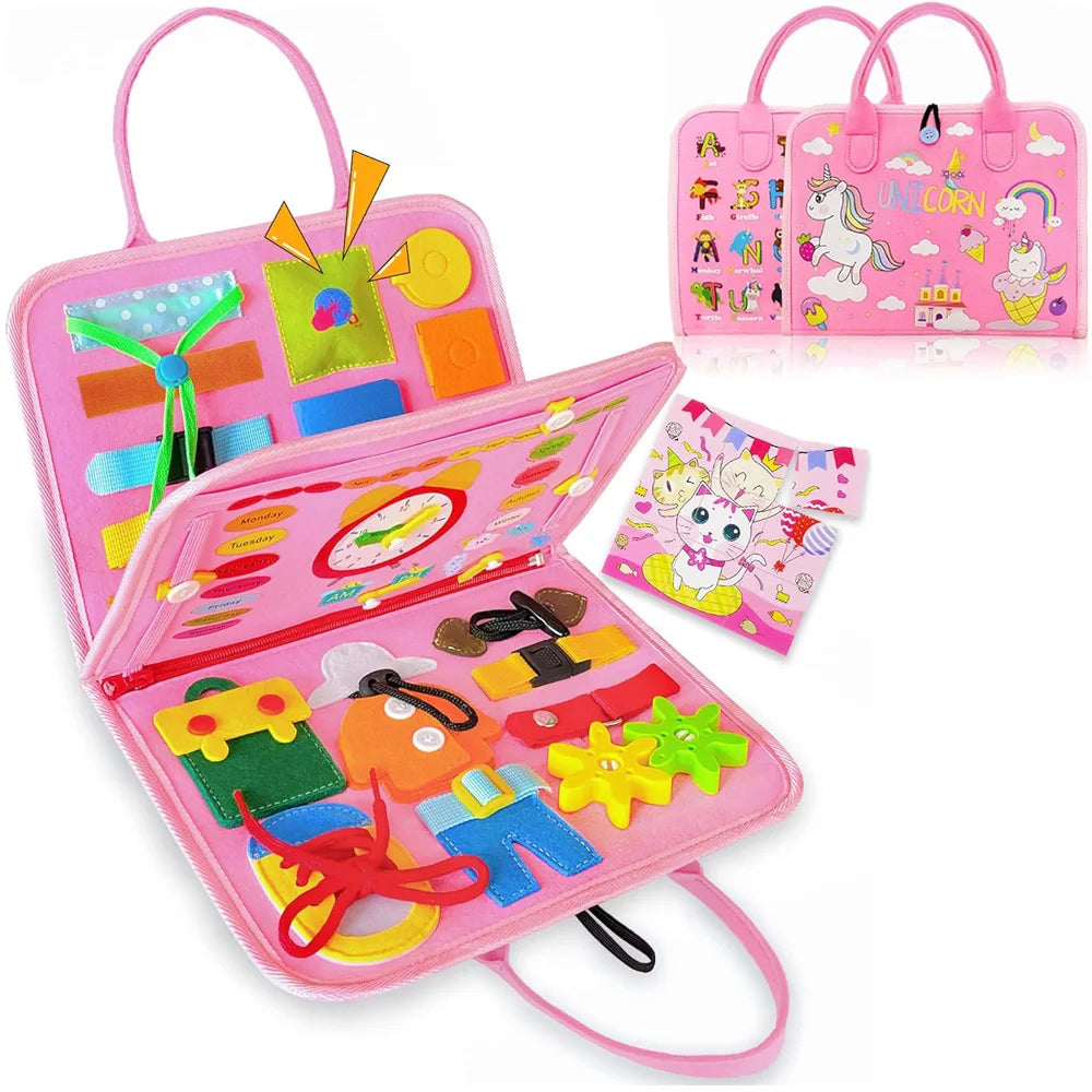 Toddler Busy Board Montessori Toys Learning Educational Activities Travel Toy Dinosaur Dress up Sensory Life Skill Backpack -