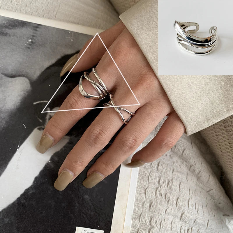 VENTFILLE 925 Sterling Silver Rings INS Fashion Hip Hop Vintage Couples Hollow Lines Punk Thai Silver Party Adjustable Jewelr