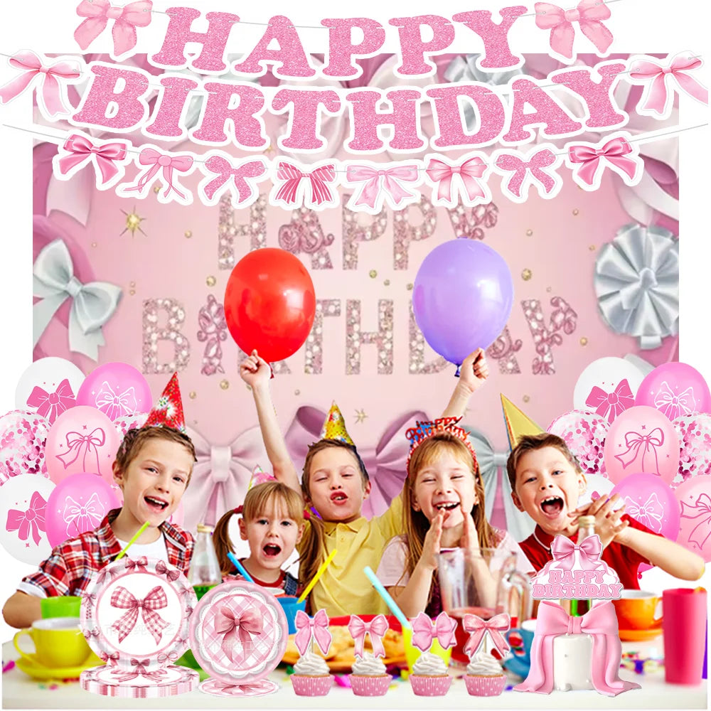 birthday party supplies, Pink Bow Birthday Party Set, personalized birthday decorations, custom birthday banner, party favors