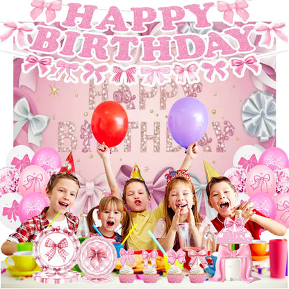 birthday party supplies, Pink Bow Birthday Party Set, personalized birthday decorations, custom birthday banner, party favors