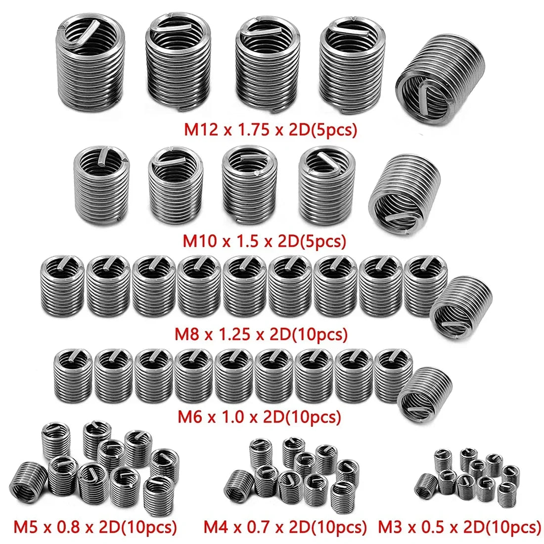 60Pcs Wire Thread Insert M3 M4 M5 M6 M8 M10 M12 Fastening Thread Insert Stainless Steel Spiral Wire Screw Sleeve Wear Repair 