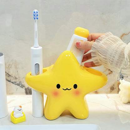 Cute Star-Shaped Toothbrush Holder Freestanding Bathroom Organizer with Cute Face Design, Space-Saving Toothbrush & Toothpast