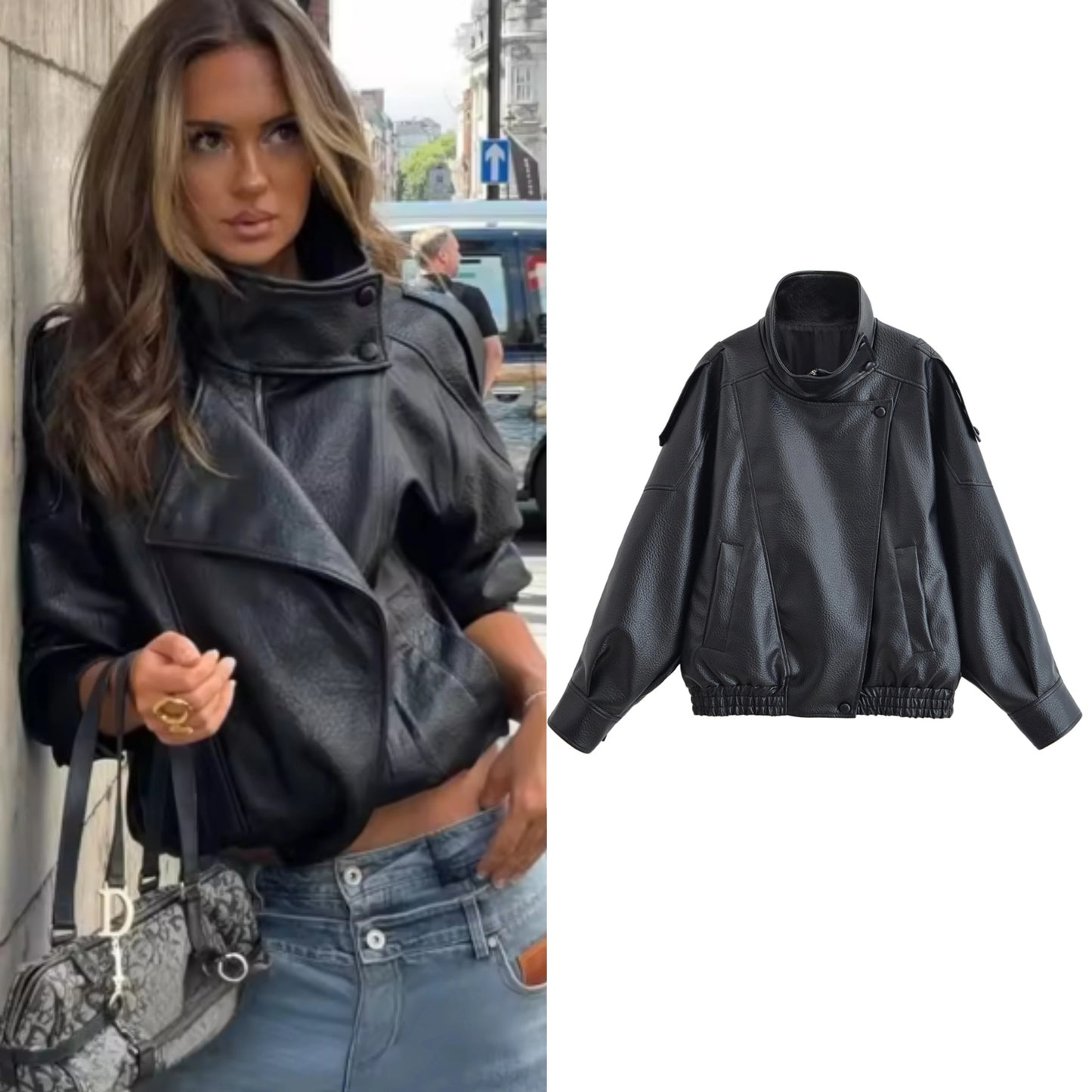 Women's Jacket 2026 Autunm New Black Long Sleeve Pebble Faux Leather Jacket Motorcycle Style Personality Fashion