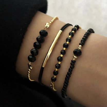 4Pcs/Set Fashion Black Glass Stone Bracelets For Women Boho Handmade Jewelry Accessories - Gold