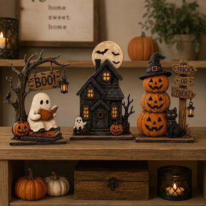 Vintage Halloween Wooden Ornament Ghosts House Figurines Stacked Pumpkin Spooky Tabletop Festive Seasonal Desktop Party Decor