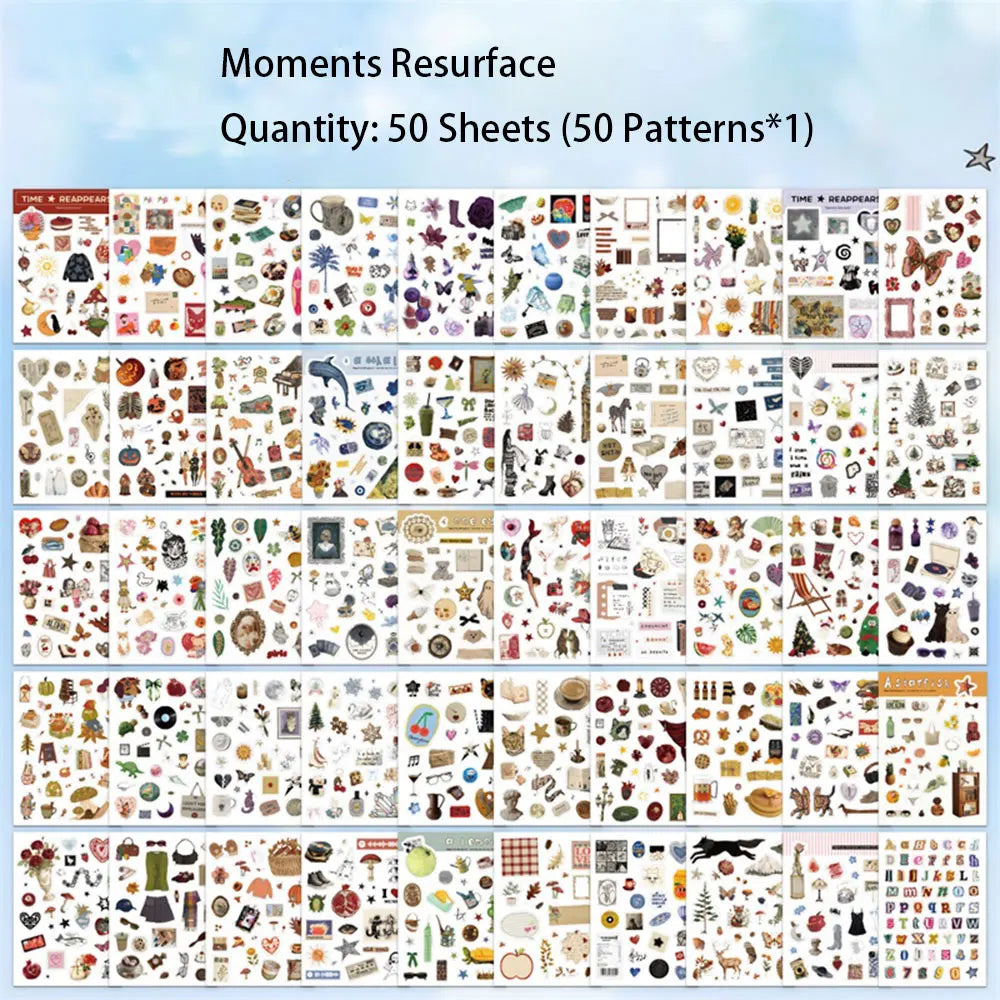 Moment Paper Scrapbooking Sticker Book 50 Different Patterns with Animals Plants Fruits Aesthetic Material for DIY Craft Plan