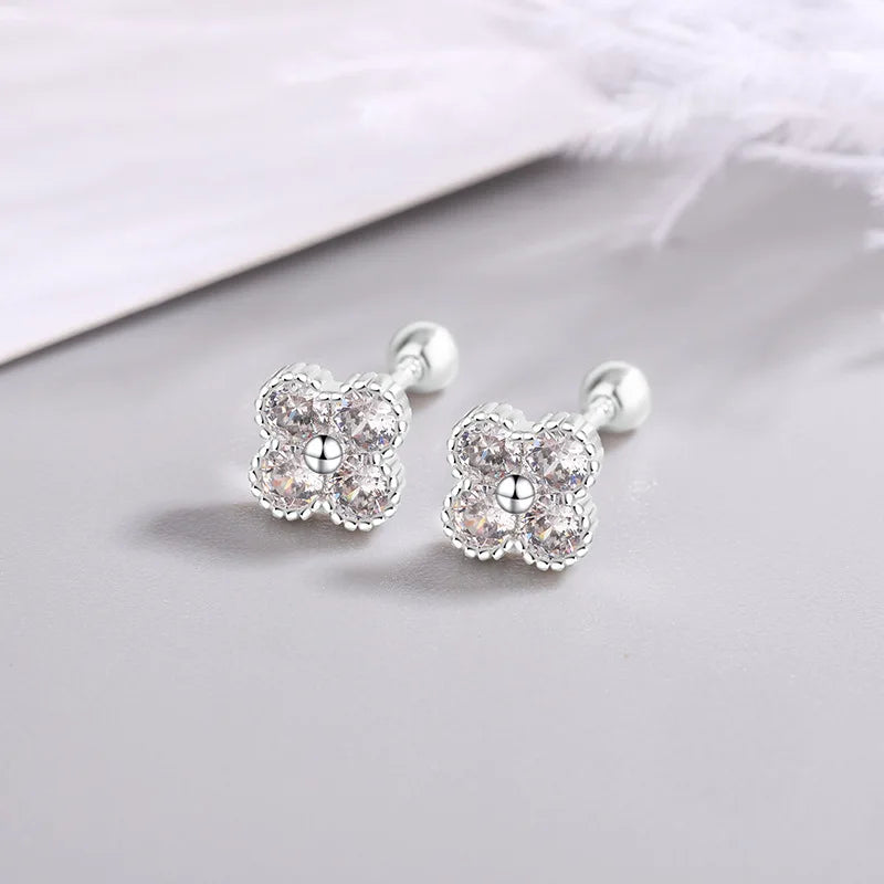 925 Sterling Silver Four Round Zircon Small Piercing Stud Earrings For Women Luxury Elegant Fine Jewelry Accessories Jeweller